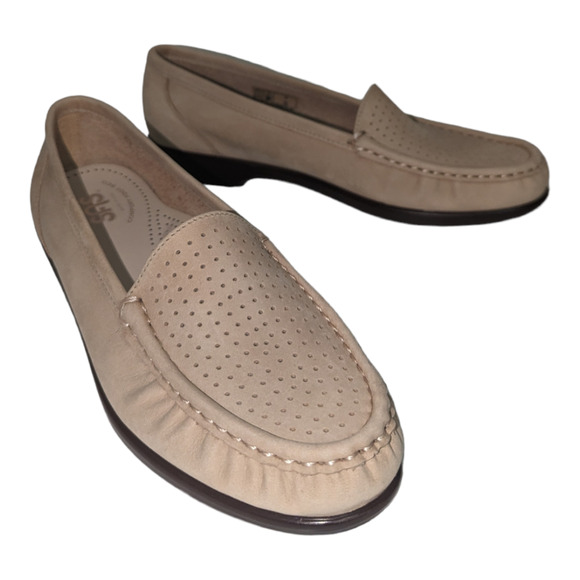 SAS Nubuck Perforated Slip On Leather Loafer Linen Color Size 7N - Picture 3 of 10